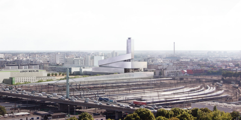 A modern building seen in the distance.